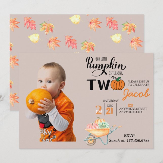 Little Pumpkin 2nd Birthday Kids Birthday Party In Invitation (Front/Back)