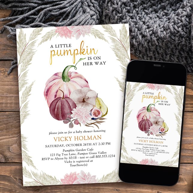 Little Pumpkin and Pampas Grass Baby Shower Invitation (Little Pumpkin Baby Shower invitation from my Little Pumpkin collection
)