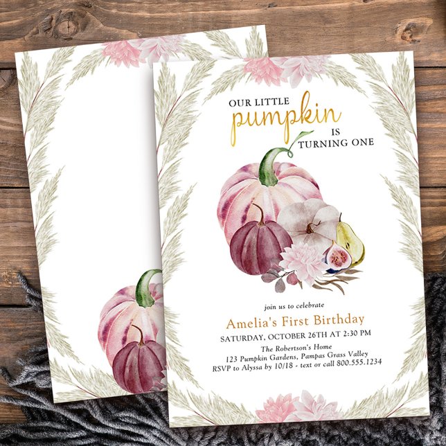Little Pumpkin and Pampas Grass Girls Birthday Invitation (order printed and delivered or as printable download)