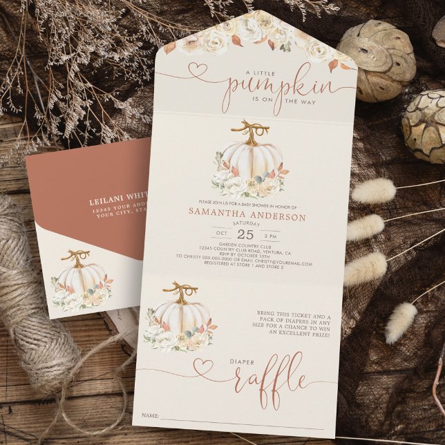 Little Pumpkin Autumn Diaper Raffle All In One Invitation (Rustic Little Pumpkin on the way all in one invitation with diaper raffle attached baby shower.)