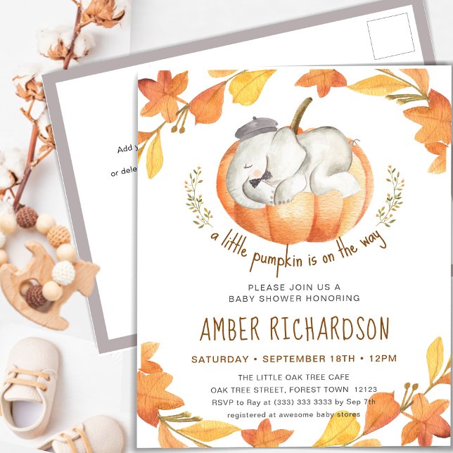 Little Pumpkin Autumn Elephant Boy Baby Shower Invitation Postcard (Creator Uploaded)