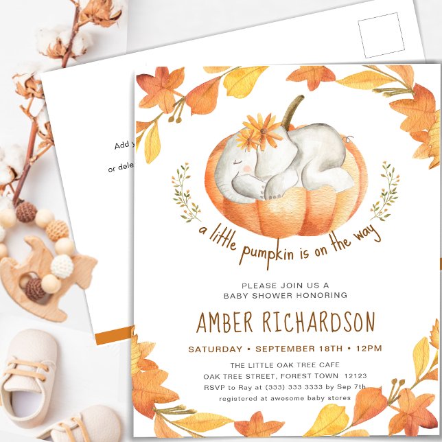 Little Pumpkin Autumn Elephant Girl Baby Shower Invitation Postcard (Creator Uploaded)