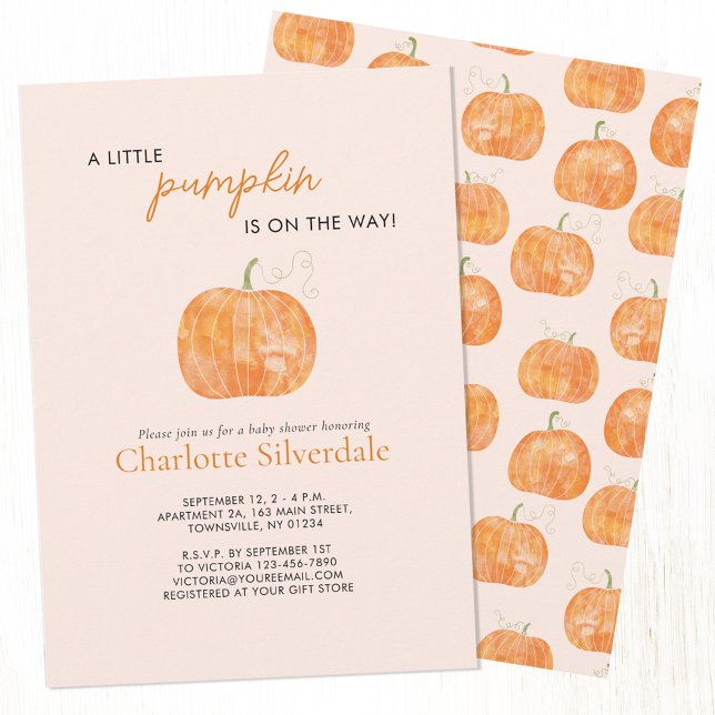 Little Pumpkin Autumn Fall Baby Shower Invitation (Pumpkin autumn fall watercolor personalized baby shower invitation)