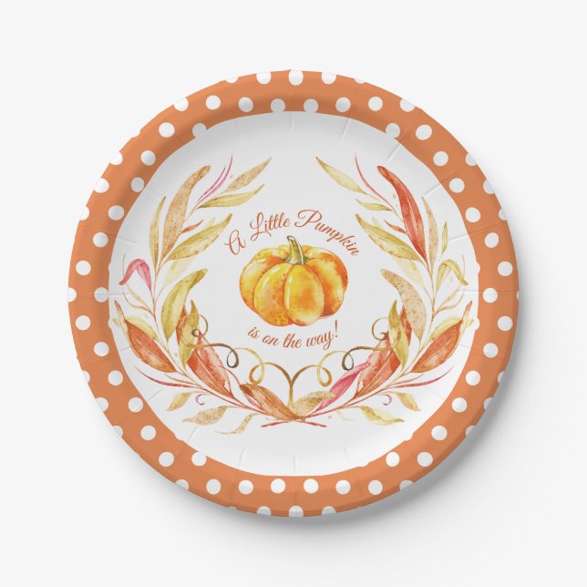 Little Pumpkin Autumn Fall Baby Shower polkadot Paper Plate (Front)