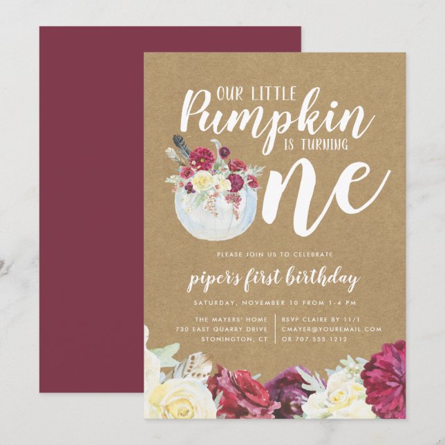 Little Pumpkin Autumn Floral First Birthday Party Invitation (Front/Back)