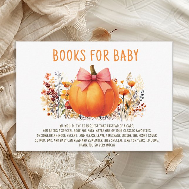 Little Pumpkin Autumn Flowers Girl Books for Baby Enclosure Card (Little Pumpkin baby girl shower "Books for Baby" card)