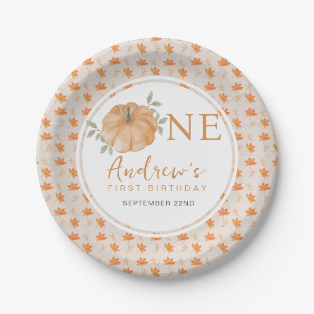 Little Pumpkin Autumn Leaf Fall 1st Birthday Paper Plate (Front)