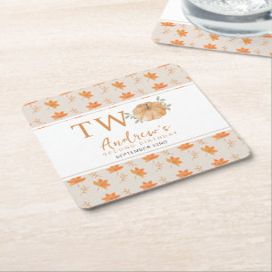 Little Pumpkin Autumn Leaf Fall 2nd Birthday Square Paper Coaster