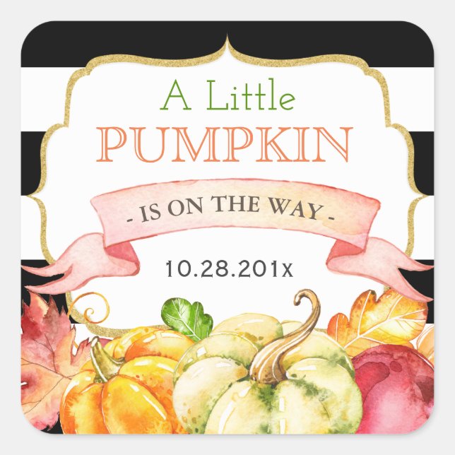 Little Pumpkin Autumn Leaves Fall Baby Shower Square Sticker (Front)