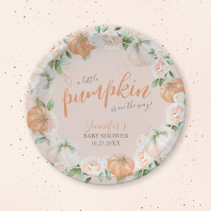 Little Pumpkin Autumn Watercolor Gold Baby Shower Paper Plate