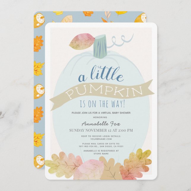 Little Pumpkin Baby Blue Virtual Baby Shower Invitation (Front/Back)