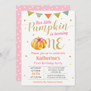 Little Pumpkin Baby Girl First Birthday Party Invitation