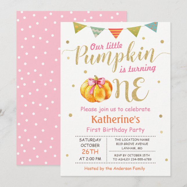 Little Pumpkin Baby Girl First Birthday Party Invitation (Front/Back)