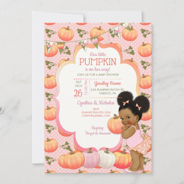 Little Pumpkin Baby Girl Shower Dark Tone Puffs Invitation (Front)