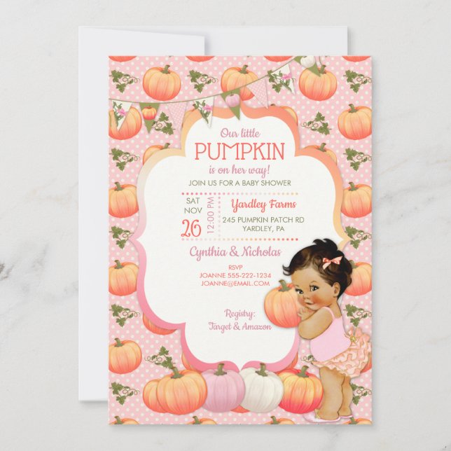 Little Pumpkin Baby Girl Shower Medium Brunette Invitation (Front)