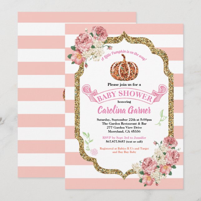 Little pumpkin baby girl shower pink and gold invitation (Front/Back)