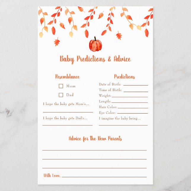Little Pumpkin Baby Shower Baby Predictions Advice Flyer (Front)