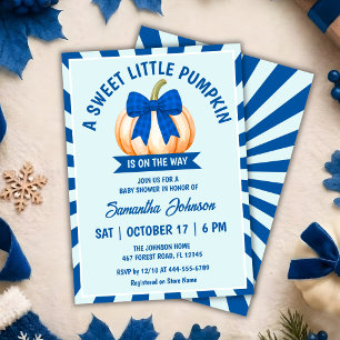 Little Pumpkin  Baby Shower Blue Gingham Bow  Invitation