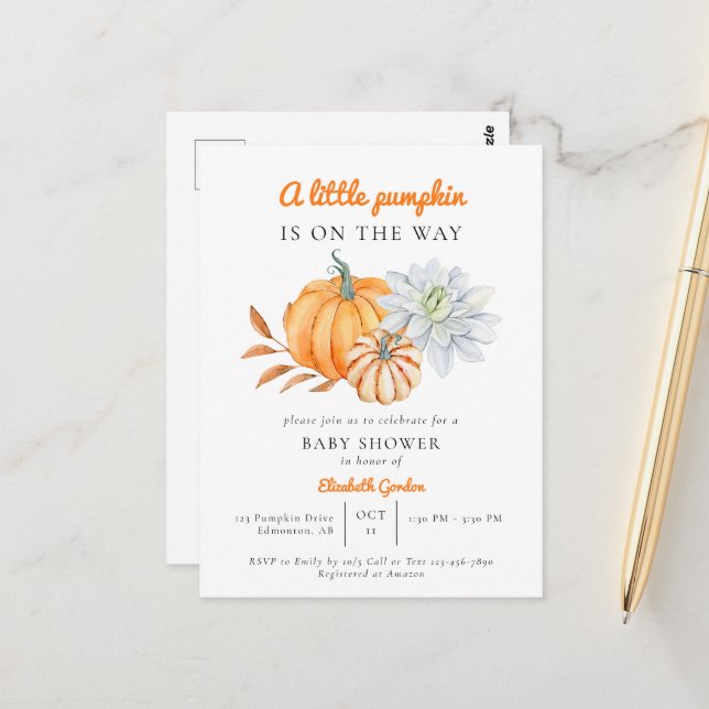 Little Pumpkin Baby Shower Elegant Simple Modern I Postcard (Front/Back In Situ)