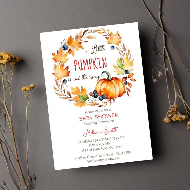 Little pumpkin baby shower fall leaves wreath invitation (Little pumpkin baby shower template invitation digital download fall leaves berries pumpkin wreath)