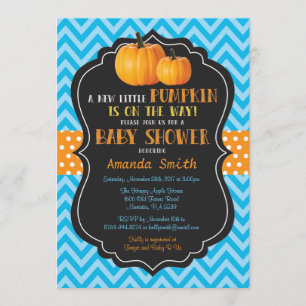 Little Pumpkin Baby Shower Invitation Blue Chevron
