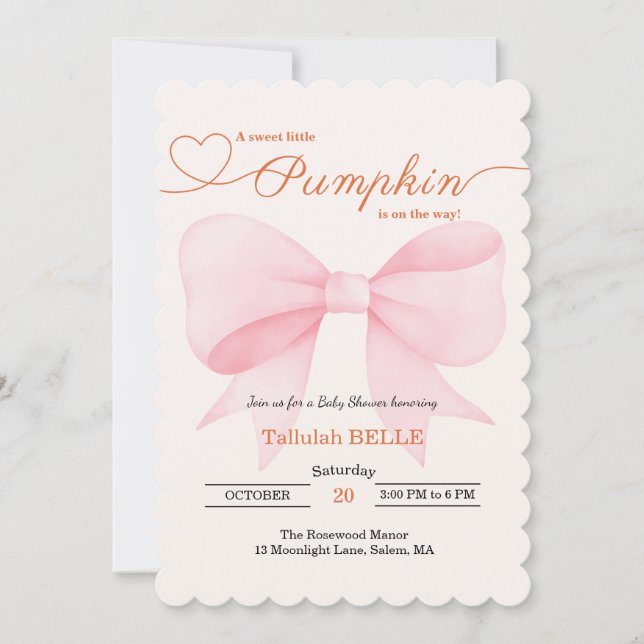 Little Pumpkin Baby Shower Invitation – Pink Bow (Front)