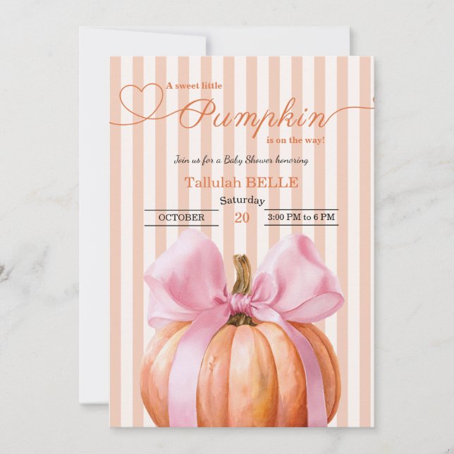 Little Pumpkin Baby Shower Invitation – Pink Bow (Front)