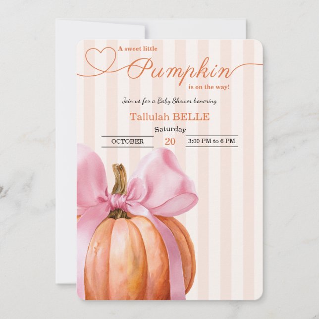 Little Pumpkin Baby Shower Invitation – Pink Bow (Front)