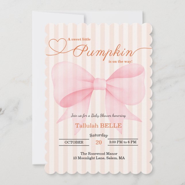 Little Pumpkin Baby Shower Invitation – Pink Bow (Front)