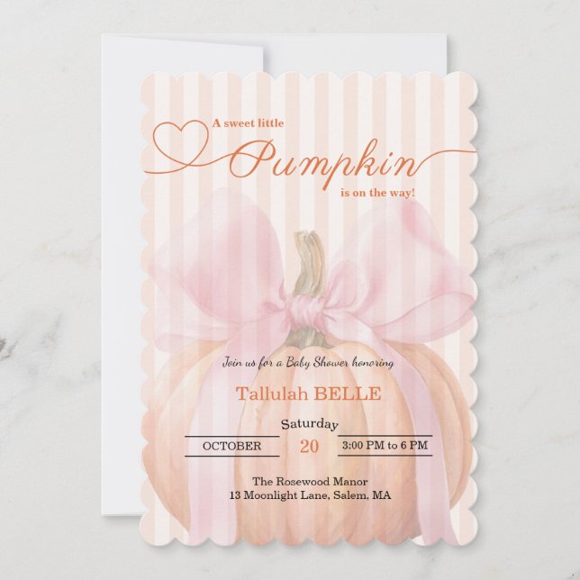 Little Pumpkin Baby Shower Invitation – Pink Bow (Front)