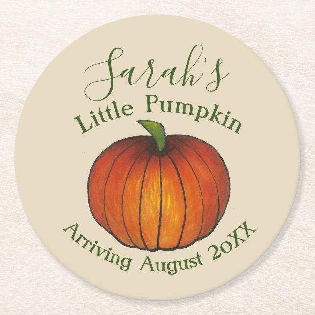Little Pumpkin Baby Shower New Arrival Autumn Fall Round Paper Coaster (Front)