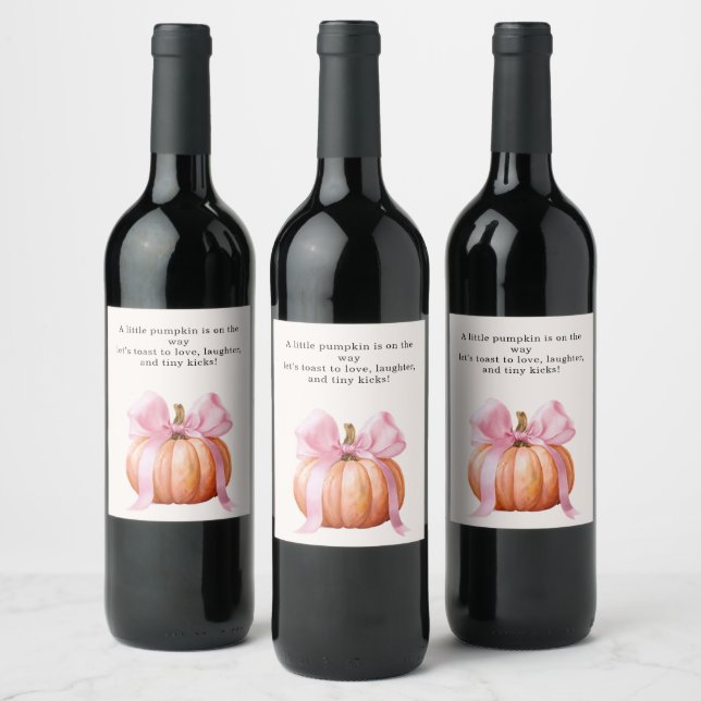 Little Pumpkin Baby Shower – Pink Bow Fall  Wine Label (Bottles)