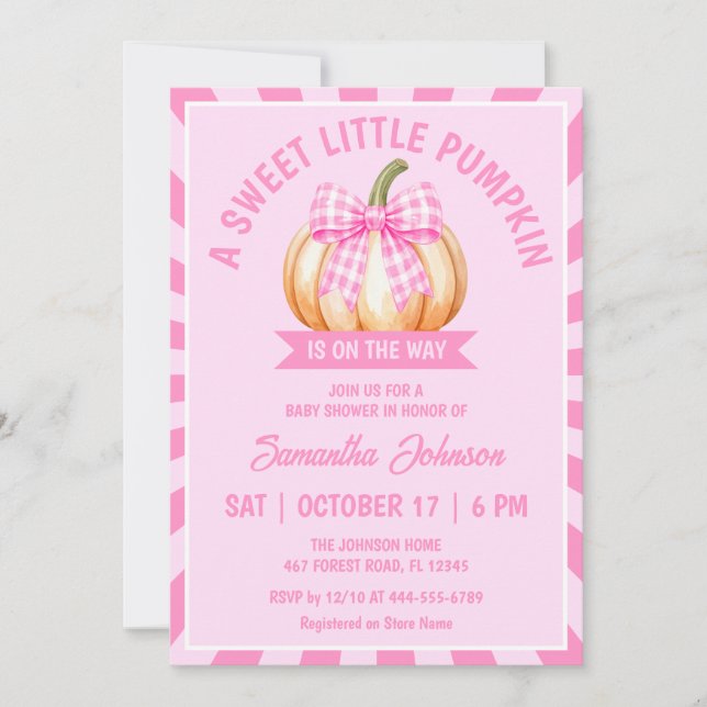 Little Pumpkin Baby Shower Pink Gingham Bow Invitation (Front)