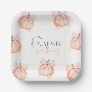 Little Pumpkin Baby Shower Pink Gingham Bow Paper Plate