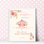Little Pumpkin Baby Shower Pink Girl Welcome Poster<br><div class="desc">Cute pink and pastel baby shower welcome sign "A sweet little pumpkin is on the way" featuring watercolor pumpkin and flower design compositions.</div>