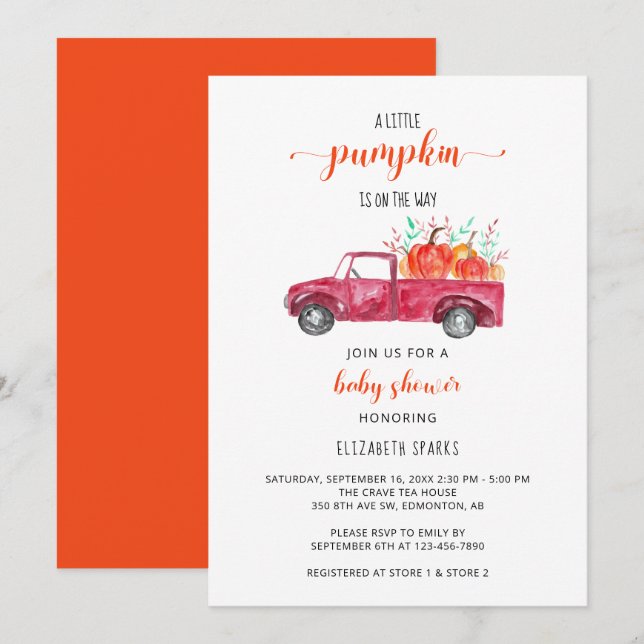 Little Pumpkin Baby Shower Red Truck Fall Autumn Invitation (Front/Back)