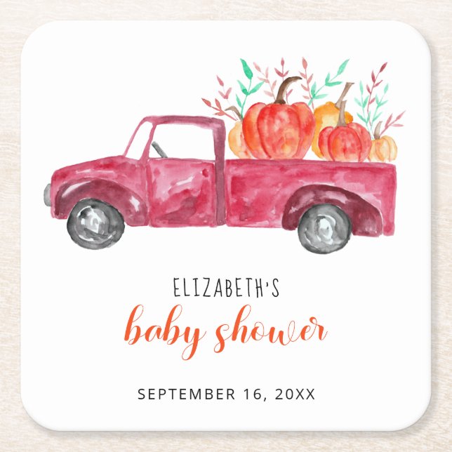 Little Pumpkin Baby Shower Red Truck Fall Cute Square Paper Coaster (Front)