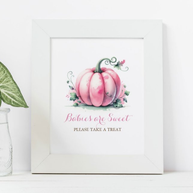Little Pumpkin Baby Shower Sign – Pink Pumpkin (Baby shower posters fall pink pumpkin decor watercolor babies are sweet please take a treat.)
