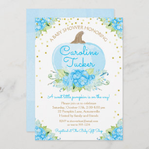 Little Pumpkin Baby Shower Watercolor Blue Gold Invitation