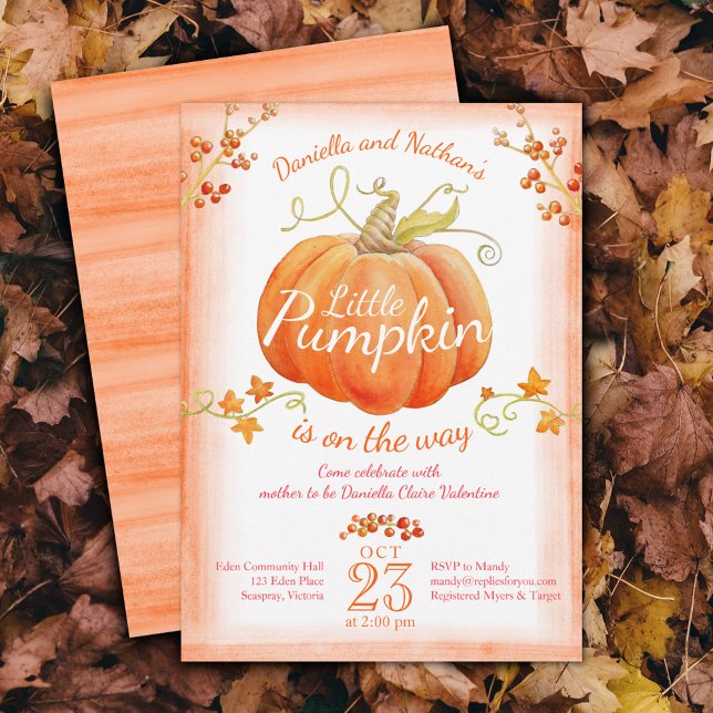 Little pumpkin baby shower watercolor invitations (Creator Uploaded)