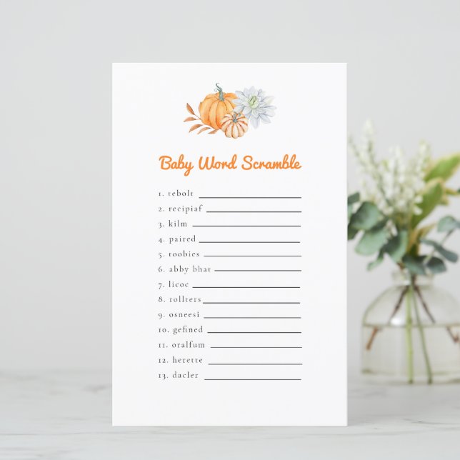 Little Pumpkin Baby Shower Word Scramble Game (Standing Front)
