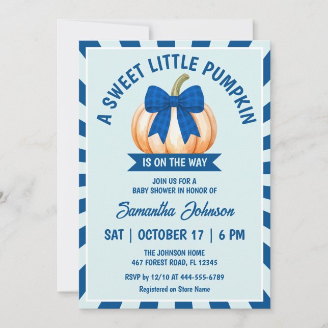 Little Pumpkin  Baby ShowerBlue Gingham Bow  Invitation (Front)
