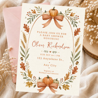 Little Pumpkin Baby Watercolor Bow Fall Autumn  Invitation