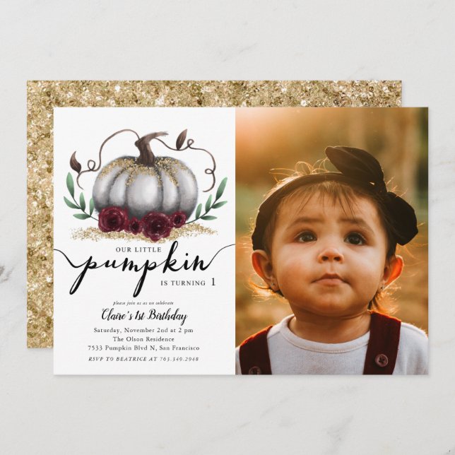Little Pumpkin Birthday Party Gold Photo Invitation (Front/Back)