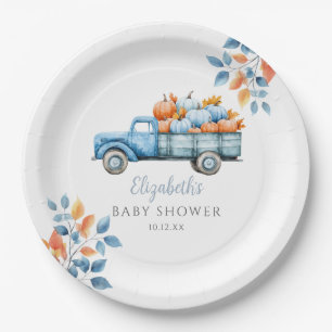 Little Pumpkin Blue Baby Shower Photo Backdrop Paper Plate