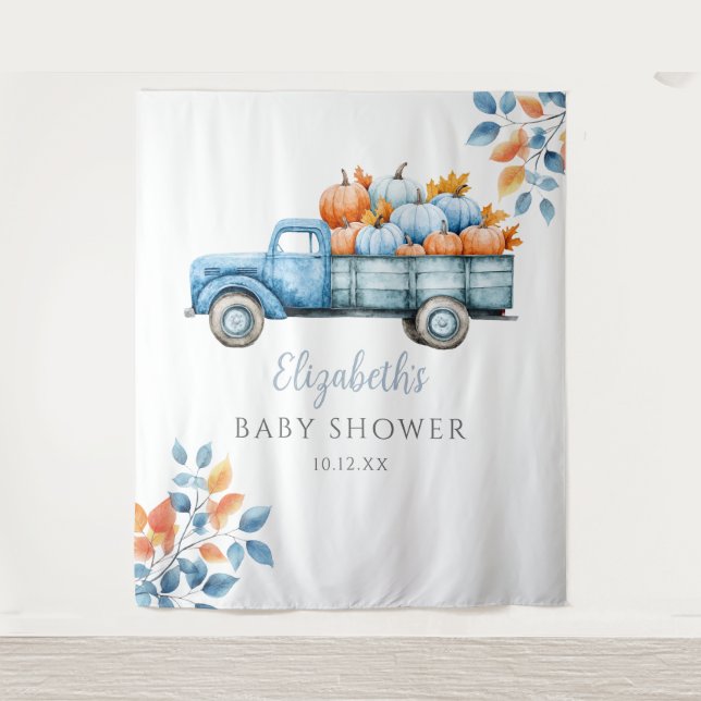 Little Pumpkin Blue Baby Shower Photo Backdrop Tapestry (Front)