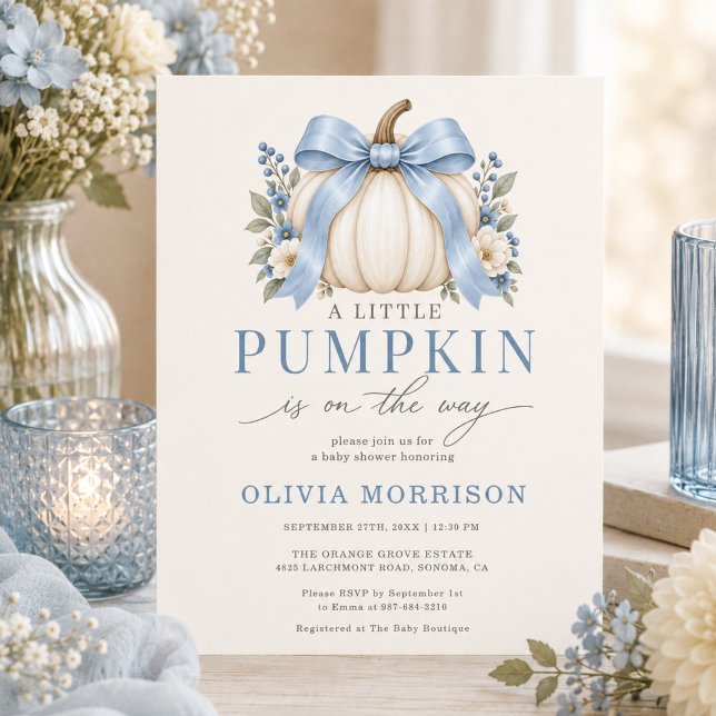 Little Pumpkin Blue Bow Boy Baby Shower Invitation (Creator Uploaded)
