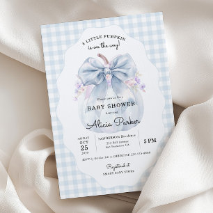 Little pumpkin blue bow gingham boy baby shower invitation