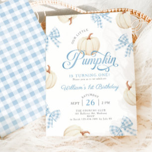 Little Pumpkin Blue Bows Gingham Boys 1st Birthday Invitation