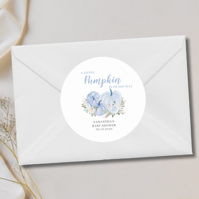 Little Pumpkin Blue Boy Baby Shower Classic Round Sticker (Creator Uploaded)